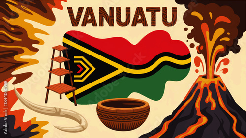 Vanuatu flag illustration with erupting volcano, tribal culture symbols, lava colors and traditional island heritage concept art