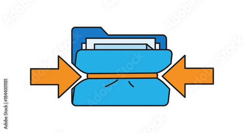 digital file compression concept a blue folder with documents squeezed by orange arrows symbolizing efficient data storage and archiving.