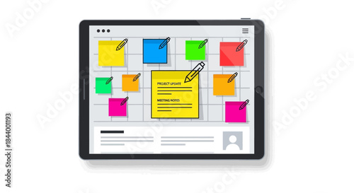 digital tablet displaying a kanban board with colorful sticky notes project updates and meeting notes illustrating modern agile task management.