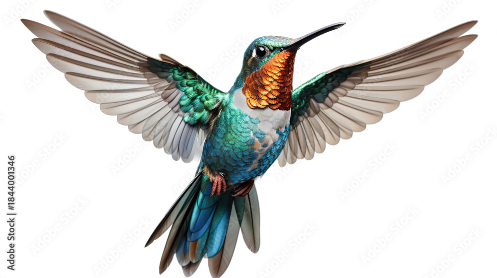 Fototapeta premium A stunningly detailed illustration of a ruby-throated hummingbird suspended in flight with its wings outstretched.