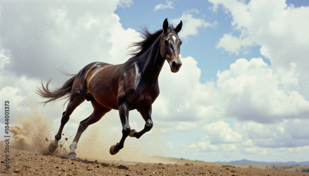 Obraz premium Galloping horse under bright blue sky with flying dust