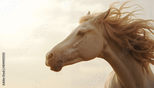 Light-maned horse in soft backlight with flowing hair against pale sky