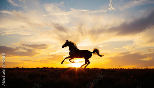 Silhouette horse running with warm horizon light