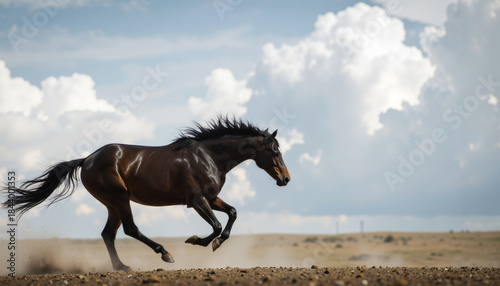 Galloping horse under bright blue sky with flying dust