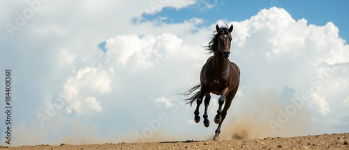 Galloping horse under bright blue sky with flying dust