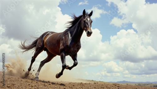 Galloping horse under bright blue sky with flying dust