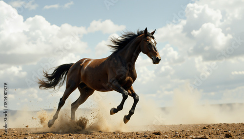 Galloping horse under bright blue sky with flying dust