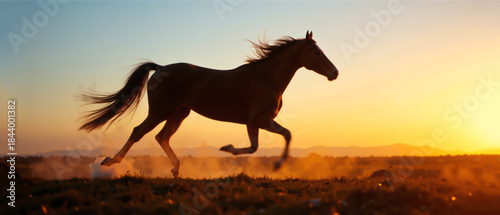 Silhouette horse running with warm horizon light
