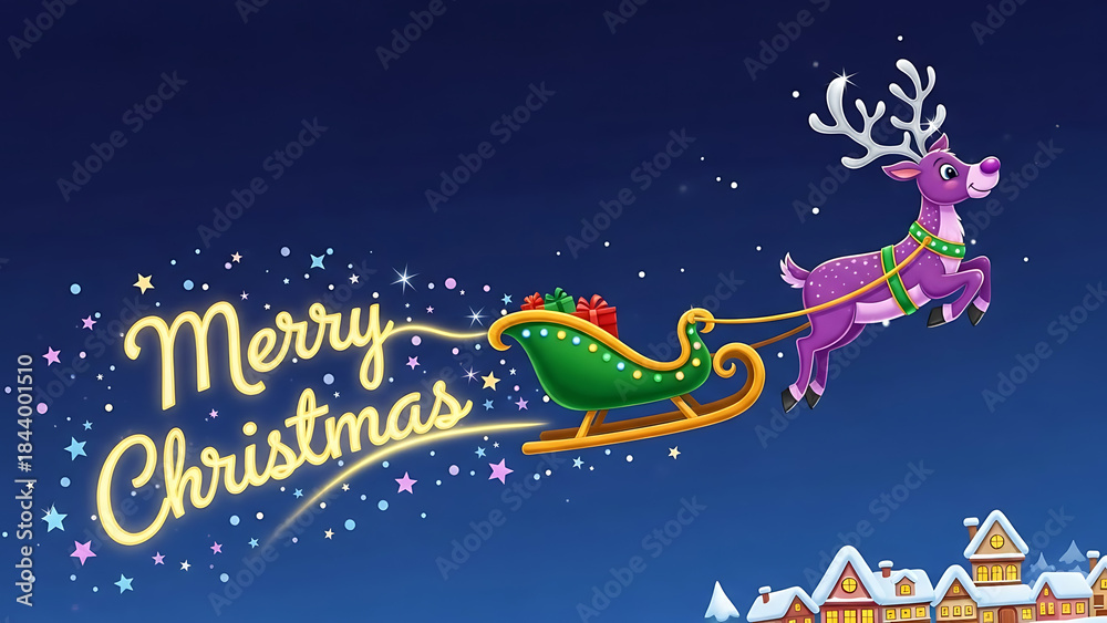 Fototapeta premium A purple reindeer pulling a sleigh with presents and 