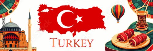 Colorful Turkey travel illustration with national map flag, Istanbul mosque, hot air balloon, Turkish tea and traditional kebab food