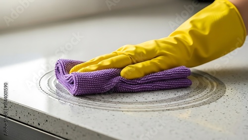Person in yellow glove cleaning a kitchen counter with a purple cloth, leaving a clean circular mark.