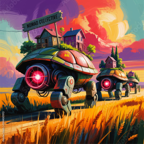 Futuristic walking house robots in wheat field at sunset, colorful sci fi nomad collective concept art, digital illustration