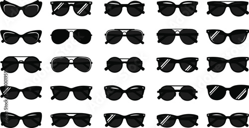 Collection of Black Sunglasses Icons, Vector Illustration of Various Eyewear Styles for Summer Protection and Fashion Accessories, Isolated on White Background, Set of 25