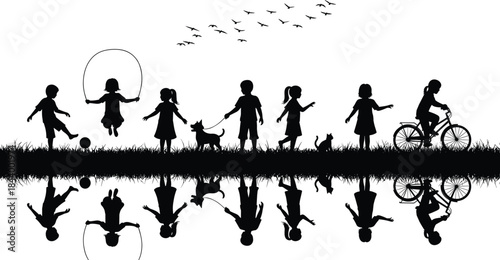 Childhood silhouette vector illustration, kids playing, jumping rope, walking a dog, riding a bike, flock of birds flying, on a grassy hill, reflection in water, outdoor fun.