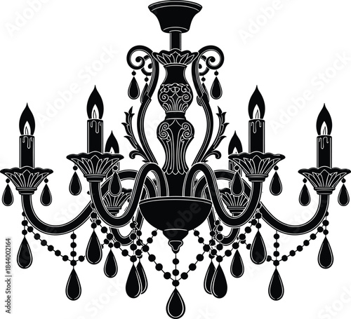 Elegant antique black chandelier vector illustration with decorative crystal drops, classic gothic candlestick lamp silhouette, perfect for luxury interior 