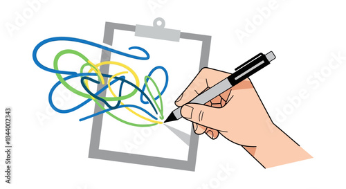 hand drawing messy colorful scribbles on a clipboard representing tangled thoughts creative brainstorming complex problem solving and confusion.