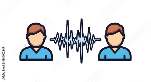human communication concept with two stylized people and a central audio waveform symbolizing voice interaction dialogue and digital conversation.
