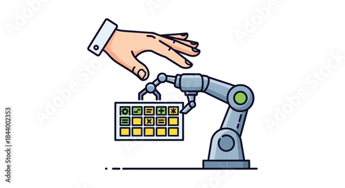 human hand guiding a robotic arm interacting with a control panel symbolizing artificial intelligence and automation in technology development.