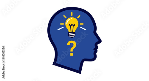 human head profile with a bright yellow light bulb and question mark illustrating problem-solving innovative thinking and new ideas.