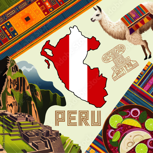 Colorful Peru travel illustration with Machu Picchu, llama, Peruvian flag map, traditional textiles and cuisine vector design