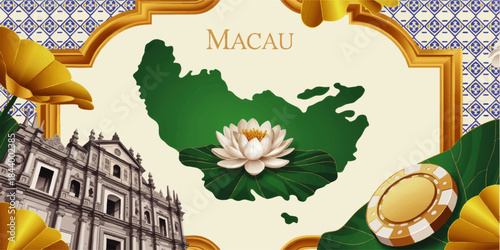 Macau travel illustration with lotus flower map, Ruins of St Paul’s, casino chip and golden floral frame on decorative tiles