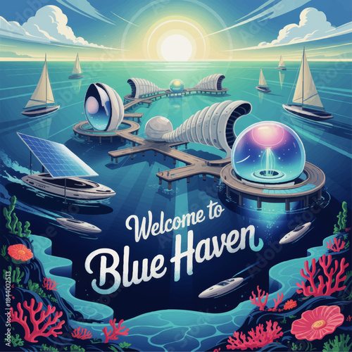 Futuristic ocean city Blue Haven with floating domes, solar yacht, sailboats and coral reef at sunrise, vibrant sci fi seascape