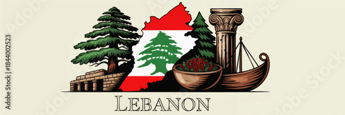 Lebanon cultural illustration with cedar trees flag map ancient ruins roman column traditional boat and bowl of red berries on light background