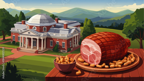 Smoked ham and peanuts on rustic table overlooking classic red brick mansion and scenic mountain landscape illustration