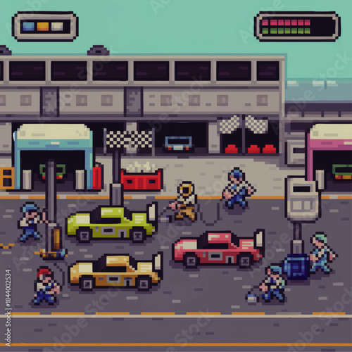 Retro pixel art racing pit stop scene with sports cars, pit crew mechanics and arcade video game dashboard interface
