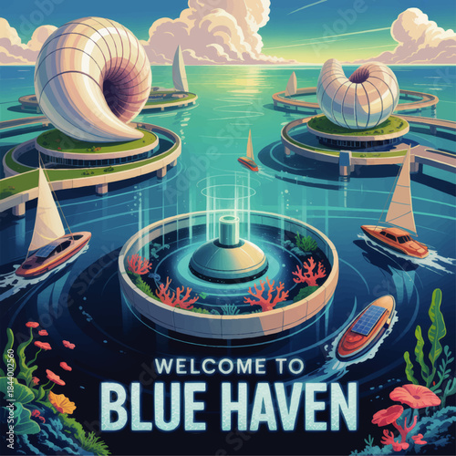Futuristic floating ocean city Blue Haven with modern nautilus architecture, sailboats, coral reef lagoon and vibrant sunset sky