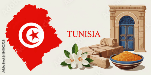 Tunisia travel illustration with map flag jasmine flowers traditional blue door ancient ruins and couscous bowl for tourism poster design