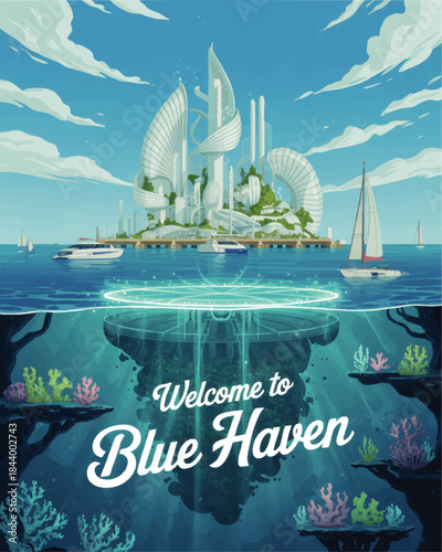 Futuristic floating ocean city and underwater coral world illustration, eco utopia seascape with yachts, sci fi fantasy tourism poster