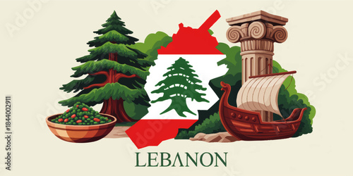 Lebanon travel illustration with cedar tree, national flag map, ancient Phoenician ship, ruins column and traditional cuisine bowl