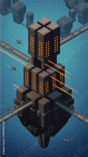 Futuristic isometric floating city tower with flying drones, sci fi skyscraper fortress above blue grid ocean, digital game background