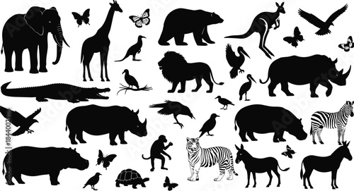 Large Collection of Wild African and Jungle Animals Silhouette Set, Including Mammals, Reptiles, and Birds for Nature Wildlife Vector Illustration Content