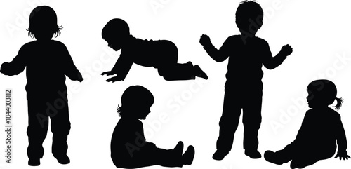 Set of baby and toddler silhouette vector illustrations, featuring children sitting, standing, and crawling, representing childhood, growth, and development stages, isolated on white.
