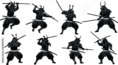 Samurai warrior silhouette, traditional Japanese warrior, vector illustration set, feudal Japan history, dynamic combat pose, historical martial arts, ancient 