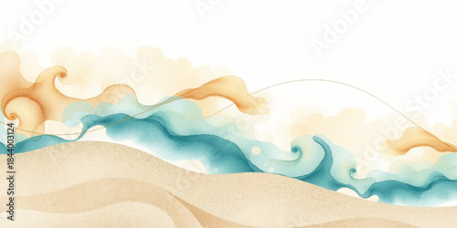 Vector cartoon illustration of a tropical summer beach resort landscape with blue ocean waves, yellow sand, sun, and palm trees