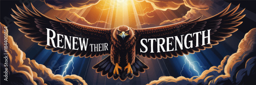 Majestic eagle with spread wings in stormy sky, Christian inspirational “Renew Their Strength” scripture illustration, dramatic lightning art