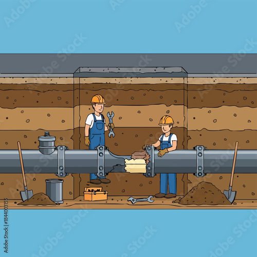 Two construction workers in hard hats and overalls are repairing a large underground pipe with wrenches.