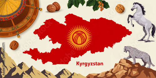 Kyrgyzstan cultural map illustration with flag emblem, mountains, snow leopard, horse, walnuts and traditional yurt roof design