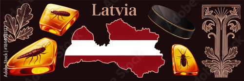 Latvia symbols vector banner with map flag, Baltic amber insects, hockey puck and art nouveau ornament on dark background
