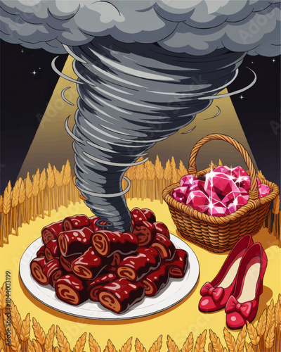 Whimsical fantasy tornado over candy dessert, ruby gems basket and red shoes in golden wheat field night illustration
