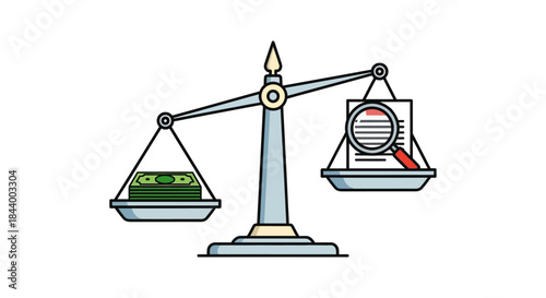 legal scales balancing money and contract document with magnifying glass illustrating cost benefit analysis for finance and compliance