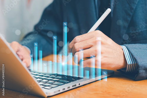 Hand holding graph with percentage, special offer of shopping department store discount and tax concept, adjusting interest rates, raising interest rates to fight inflation, returns on investments.
