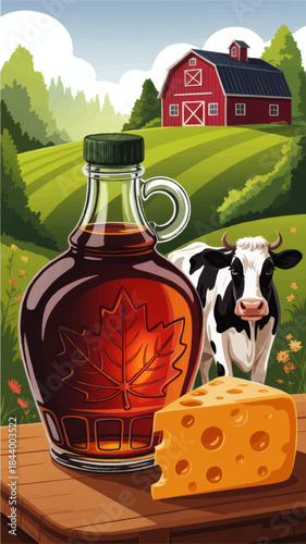 Rustic farm illustration with maple syrup bottle, cheese wedge, dairy cow and red barn in green countryside landscape