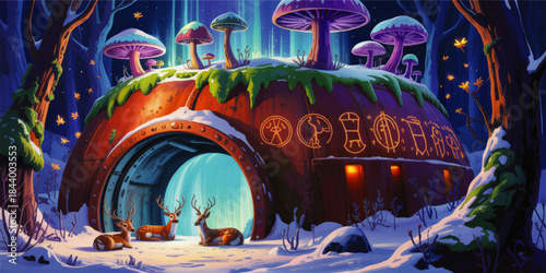 Fantasy winter forest deer by glowing portal hut with giant mushrooms, magical snow night landscape illustration, neon colors