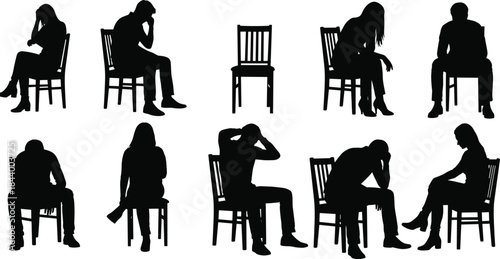 Silhouettes of diverse men and women sitting alone on chairs, displaying feelings of depression, anxiety, sadness, and stress, vector illustration for mental health awareness.