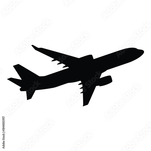 A black silhouette of a passenger airplane in flight against a white background
