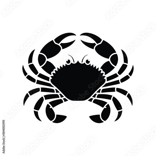 A simple black and white illustration of a crab facing forward